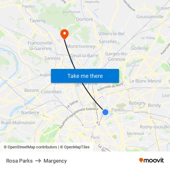 Rosa Parks to Margency map