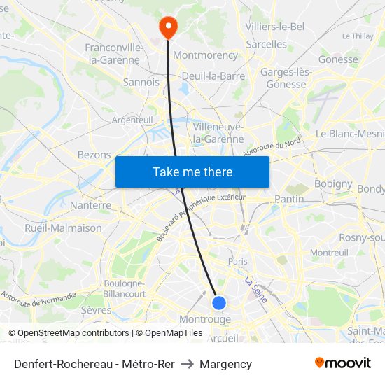 Denfert-Rochereau - Métro-Rer to Margency map