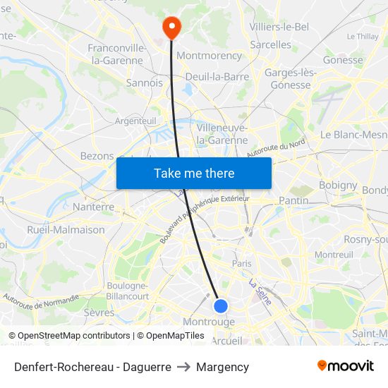 Denfert-Rochereau - Daguerre to Margency map
