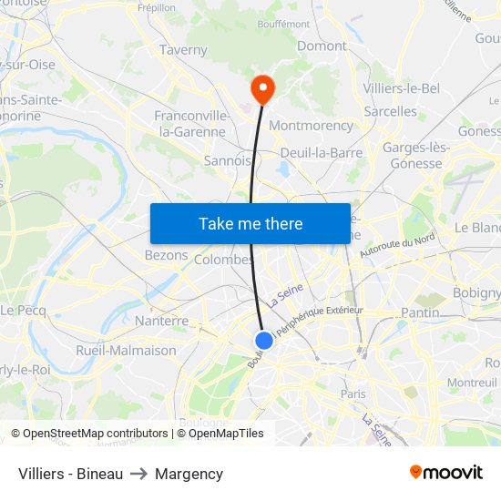 Villiers - Bineau to Margency map
