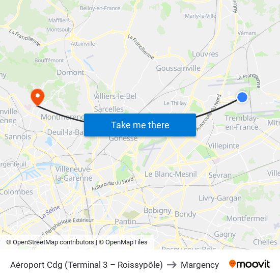 Aéroport Cdg (Terminal 3 – Roissypôle) to Margency map