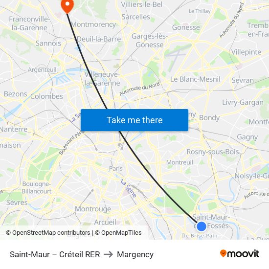 Saint-Maur – Créteil RER to Margency map
