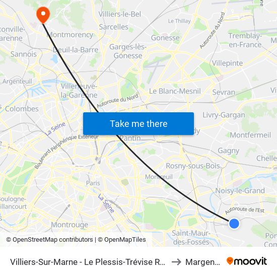 Villiers-Sur-Marne - Le Plessis-Trévise RER to Margency map