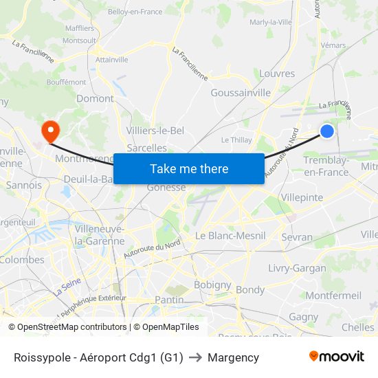 Roissypole - Aéroport Cdg1 (G1) to Margency map