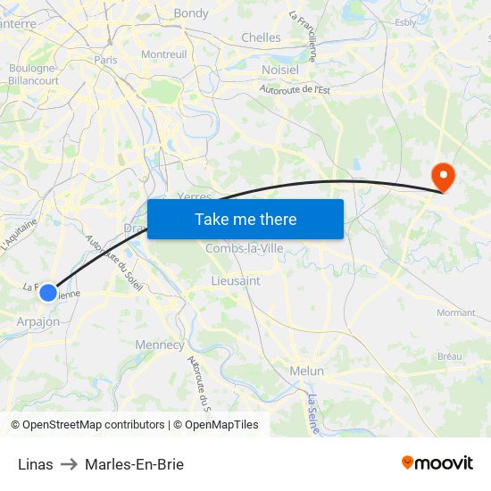 Linas to Marles-En-Brie map