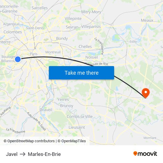 Javel to Marles-En-Brie map