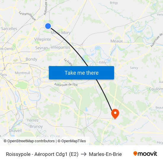 Roissypole - Aéroport Cdg1 (E2) to Marles-En-Brie map