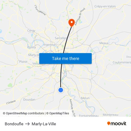 Bondoufle to Marly-La-Ville map