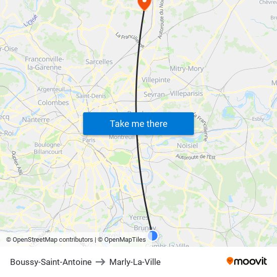 Boussy-Saint-Antoine to Marly-La-Ville map