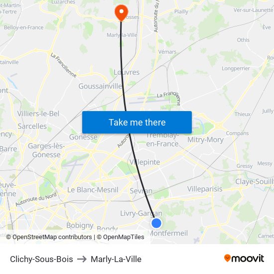 Clichy-Sous-Bois to Marly-La-Ville map
