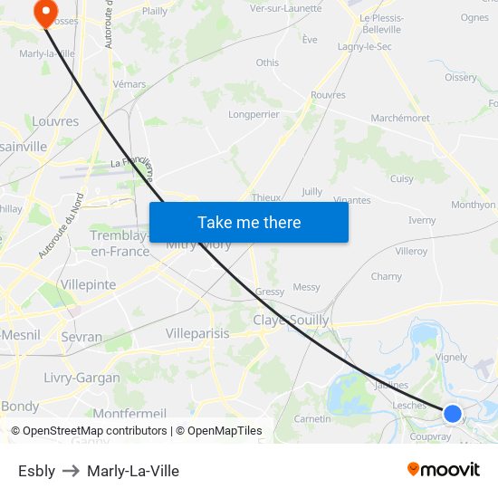 Esbly to Marly-La-Ville map