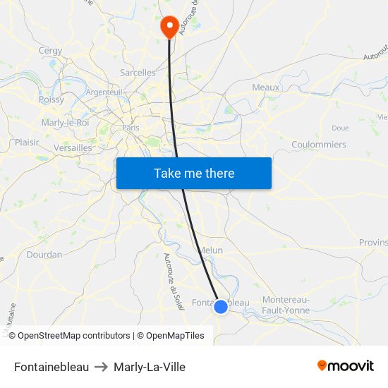 Fontainebleau to Marly-La-Ville map