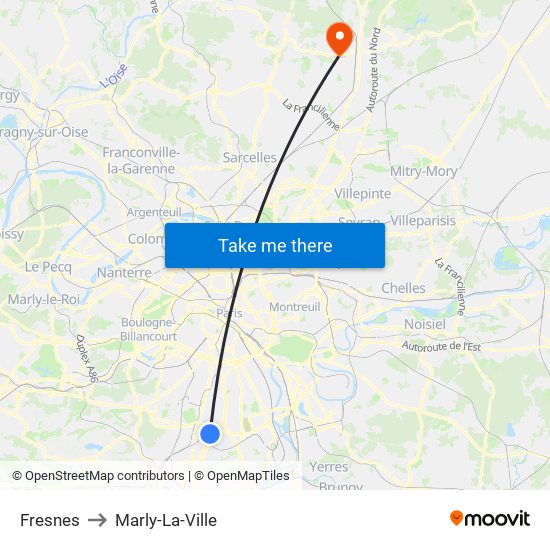 Fresnes to Marly-La-Ville map