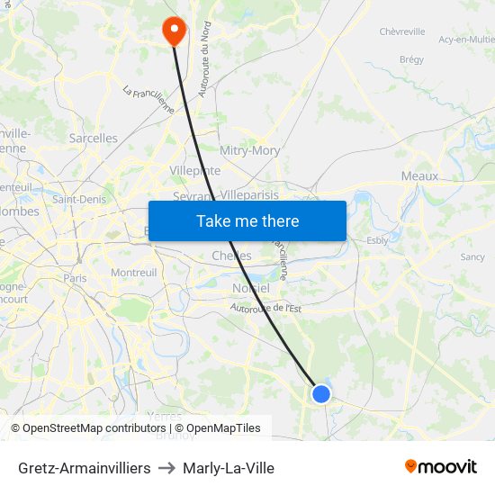 Gretz-Armainvilliers to Marly-La-Ville map