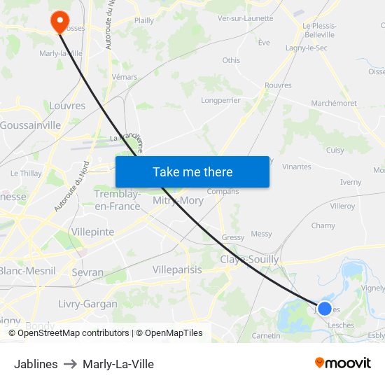 Jablines to Marly-La-Ville map