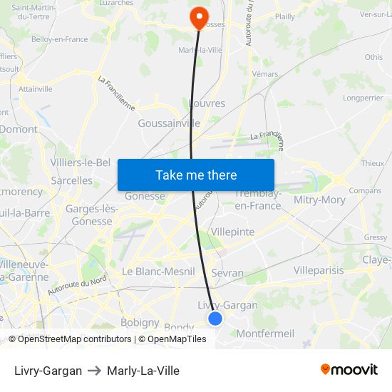 Livry-Gargan to Marly-La-Ville map
