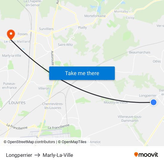 Longperrier to Marly-La-Ville map