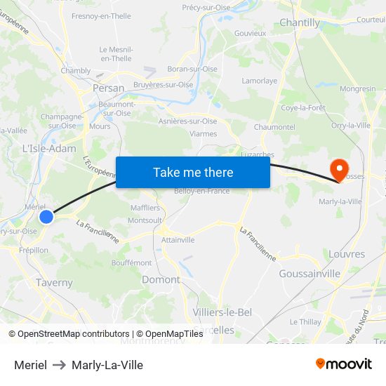 Meriel to Marly-La-Ville map