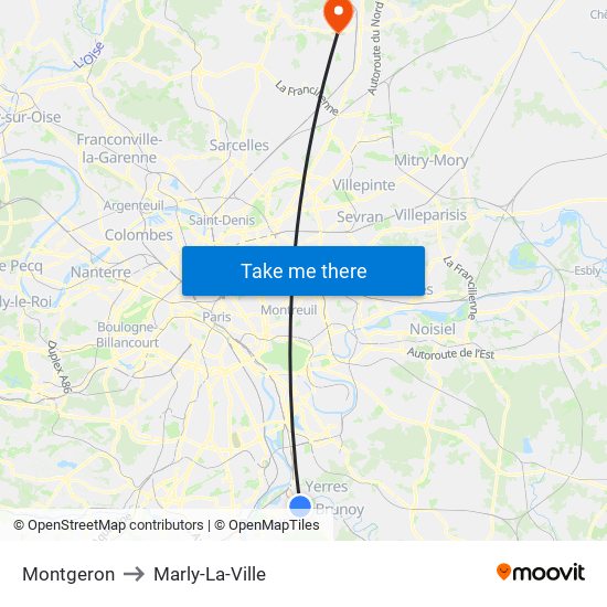 Montgeron to Marly-La-Ville map