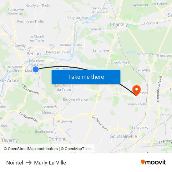 Nointel to Marly-La-Ville map