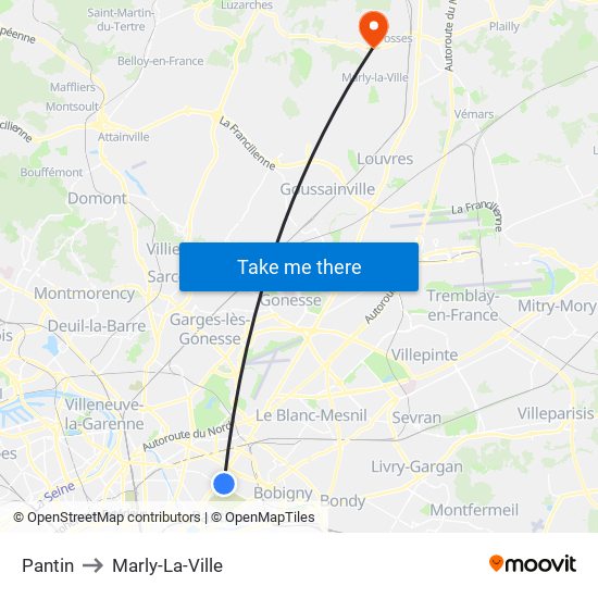 Pantin to Marly-La-Ville map