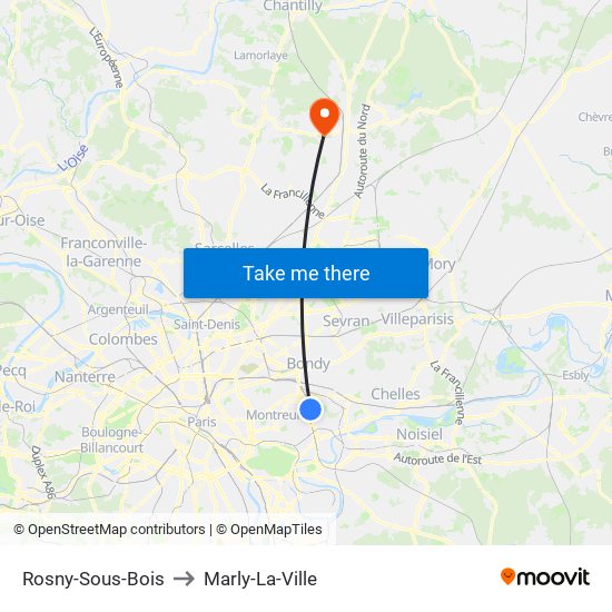 Rosny-Sous-Bois to Marly-La-Ville map