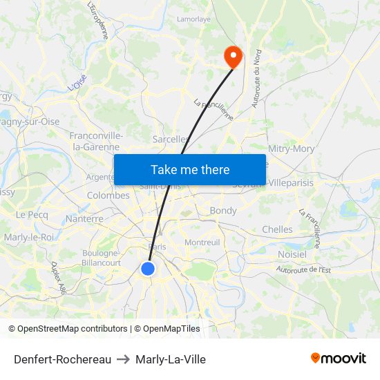 Denfert-Rochereau to Marly-La-Ville map