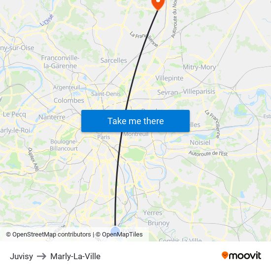 Juvisy to Marly-La-Ville map