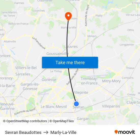 Sevran Beaudottes to Marly-La-Ville map