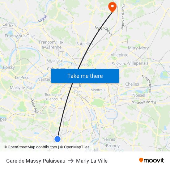 Gare de Massy-Palaiseau to Marly-La-Ville map
