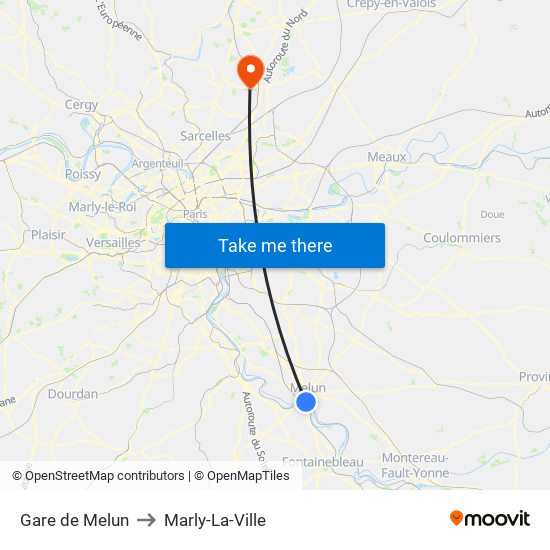 Gare de Melun to Marly-La-Ville map