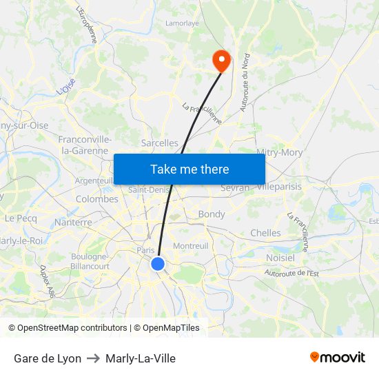 Gare de Lyon to Marly-La-Ville map