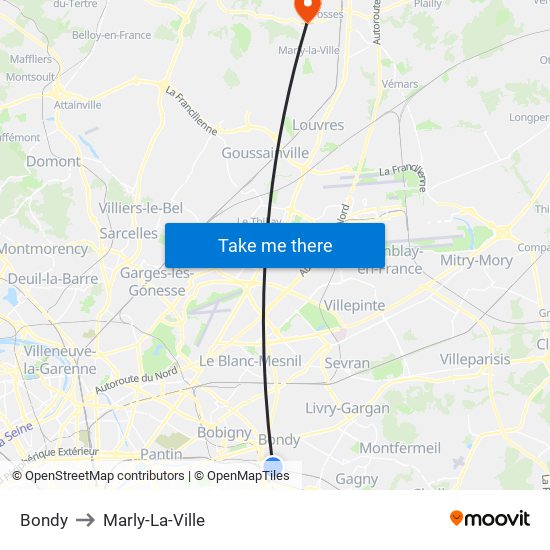 Bondy to Marly-La-Ville map