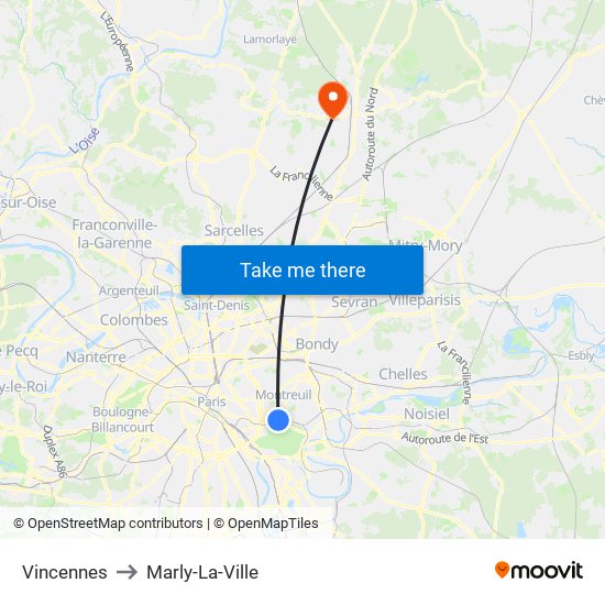 Vincennes to Marly-La-Ville map