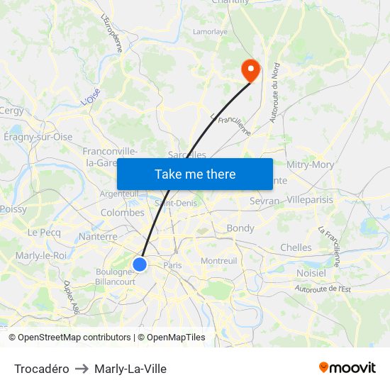 Trocadéro to Marly-La-Ville map