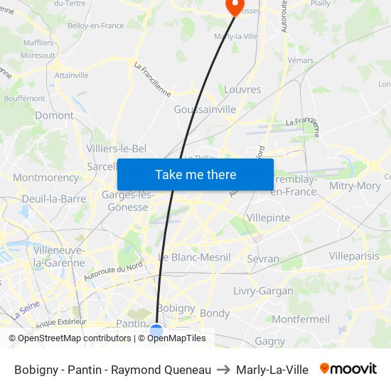 Bobigny - Pantin - Raymond Queneau to Marly-La-Ville map