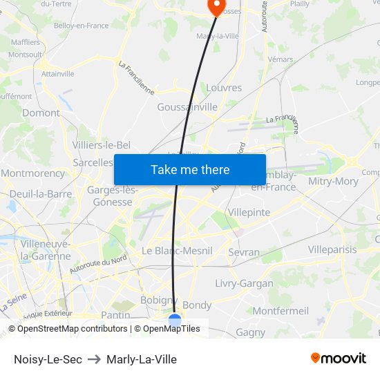 Noisy-Le-Sec to Marly-La-Ville map