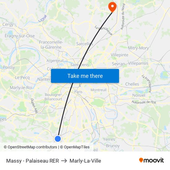 Massy - Palaiseau RER to Marly-La-Ville map