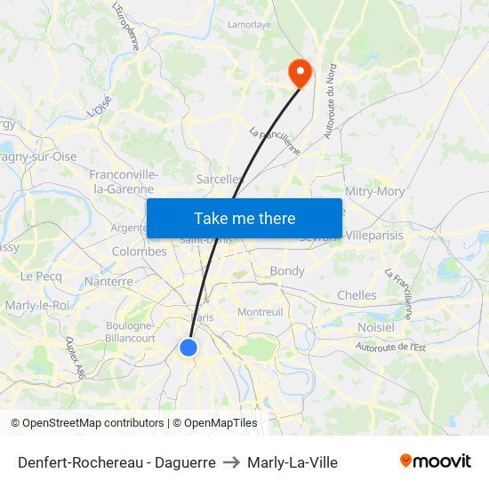 Denfert-Rochereau - Daguerre to Marly-La-Ville map
