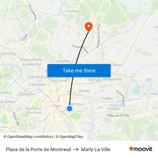 Place de la Porte de Montreuil to Marly-La-Ville map