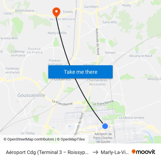 Aéroport Cdg (Terminal 3 – Roissypôle) to Marly-La-Ville map