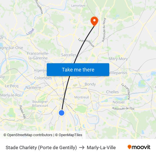 Stade Charléty (Porte de Gentilly) to Marly-La-Ville map