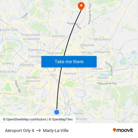Aéroport Orly 4 to Marly-La-Ville map