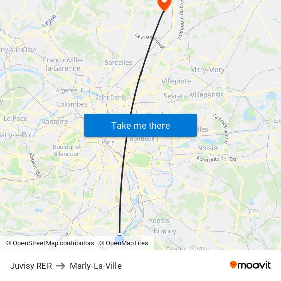 Juvisy RER to Marly-La-Ville map