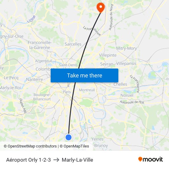 Aéroport Orly 1-2-3 to Marly-La-Ville map