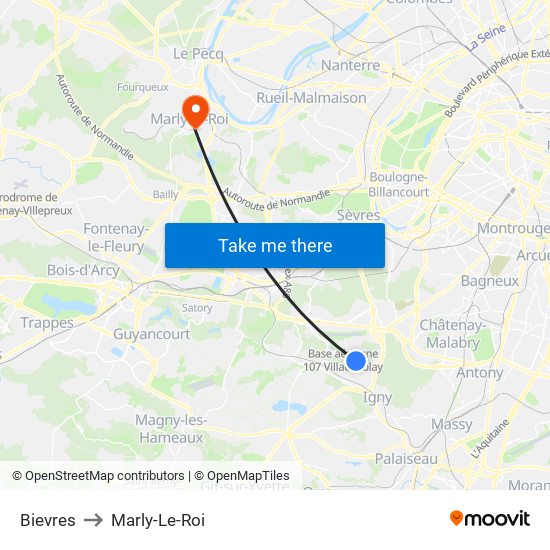 Bievres to Marly-Le-Roi map