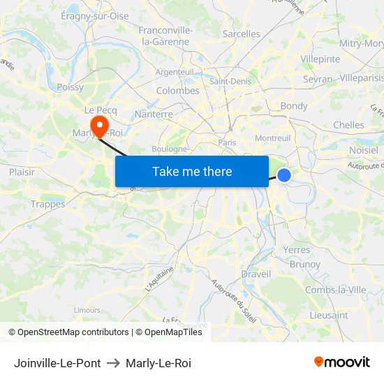 Joinville-Le-Pont to Marly-Le-Roi map