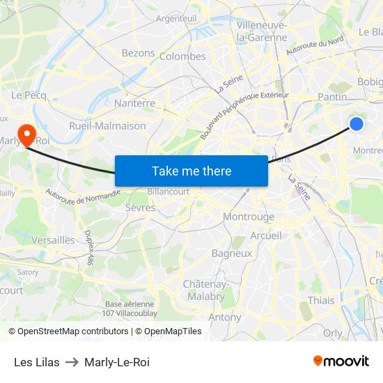 Les Lilas to Marly-Le-Roi map