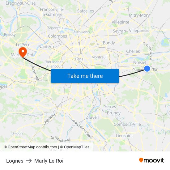 Lognes to Marly-Le-Roi map