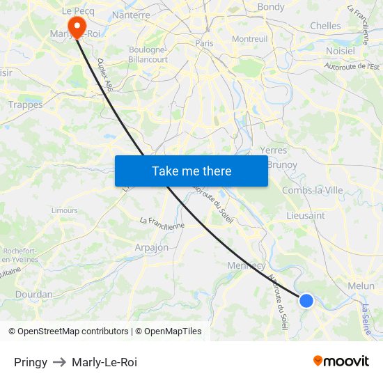 Pringy to Marly-Le-Roi map